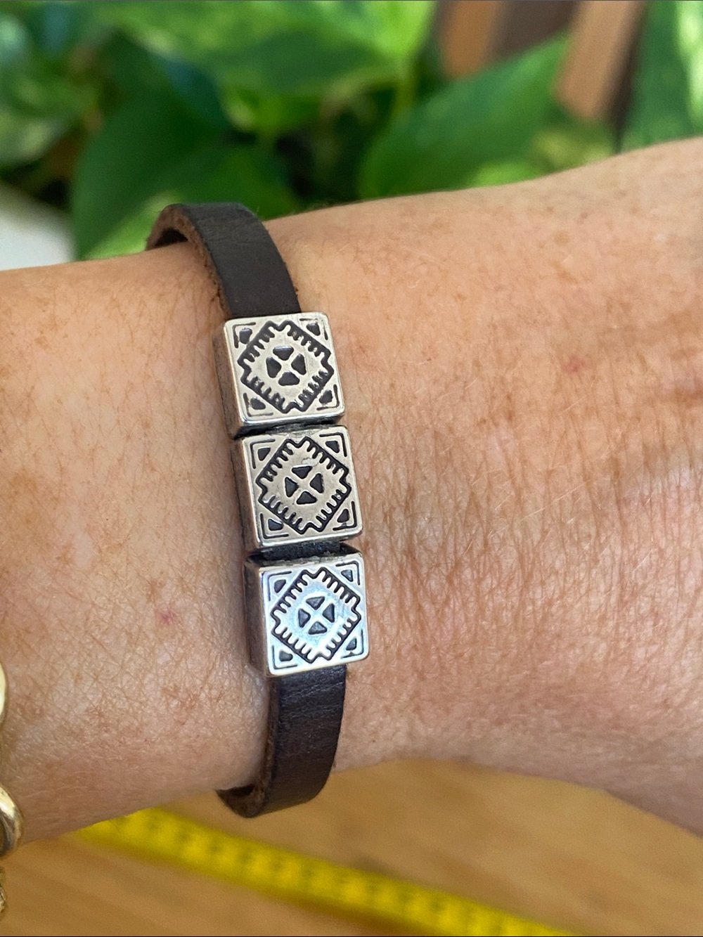 Handmade Brown Leather Bracelet with Silver Geometric Beads - Women Jewelry